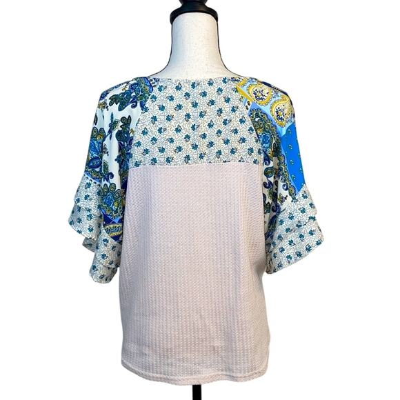 Umgee Mixed Media Waffle Knit and Ruffle Sleeve Boho Top Size Medium - Picture 2 of 7
